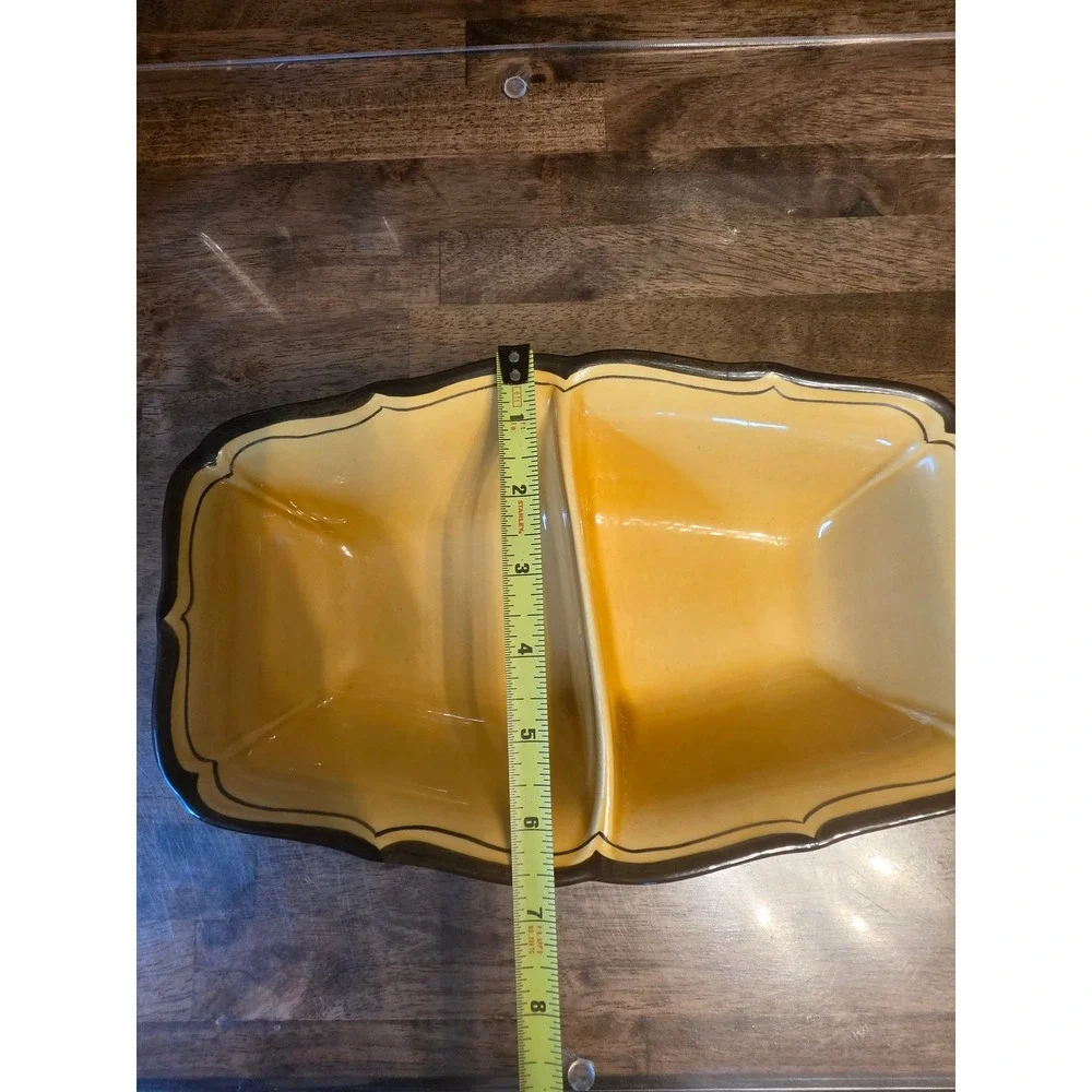 Vintage Yellow Divided Ceramic Serving Dish Scalloped Brown Rim Rectangular Tray
